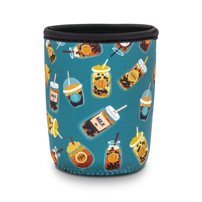 Neoprene Cup Sleeve - Small - A drink bottle sleeve featuring a teal background with colourful illustrations of beverages and a logo.