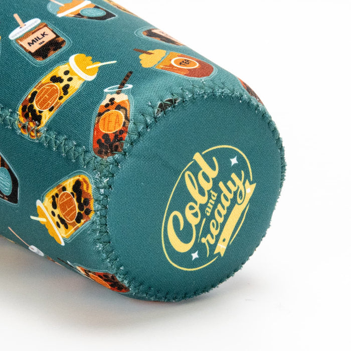 Neoprene Cup Sleeve - Small - A drink bottle sleeve in teal with various beverage patterns and a logo. Ideal for keeping drinks cool.
