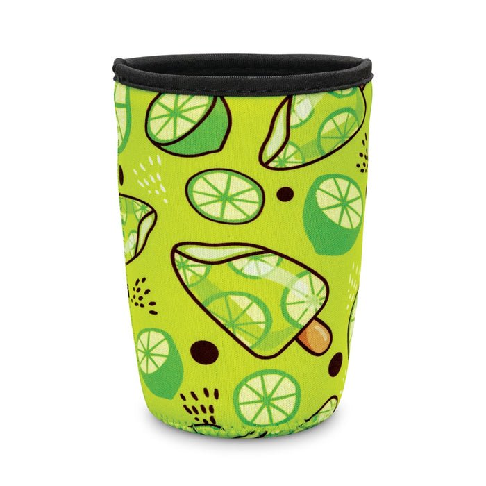 Neoprene Cup Sleeve - Medium - A drink bottle sleeve in vibrant green with a lime and popsicle pattern, featuring a black top edge.
