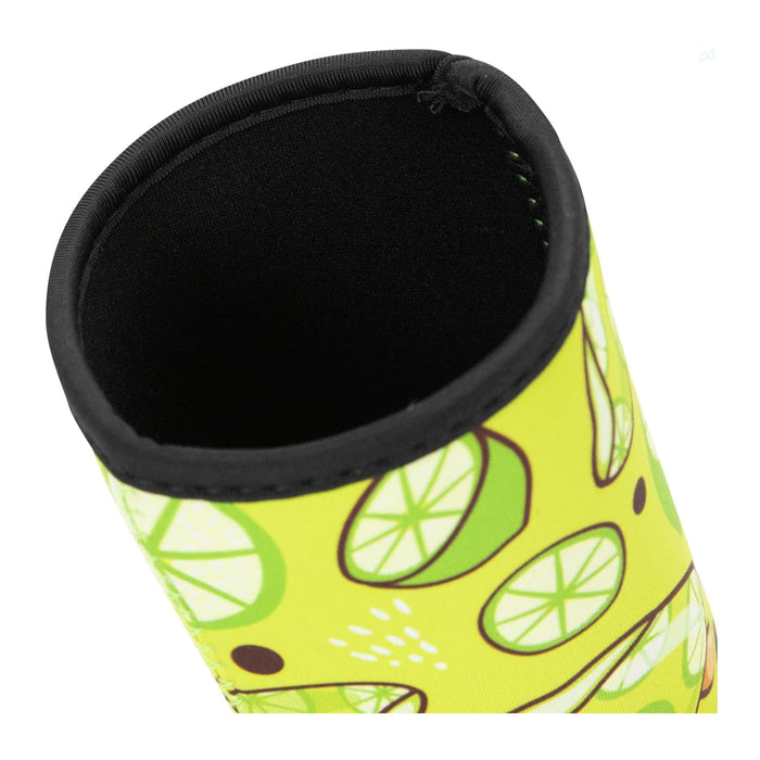 Neoprene Cup Sleeve - Medium - A drink bottle sleeve in vibrant yellow with lime motifs and a black top edge, featuring a logo.