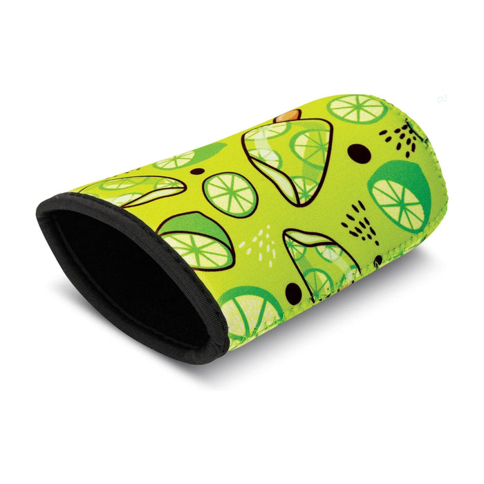 Neoprene Cup Sleeve - Medium - A drink bottle sleeve in vibrant green, featuring a lime pattern, designed for medium-sized drinkware.