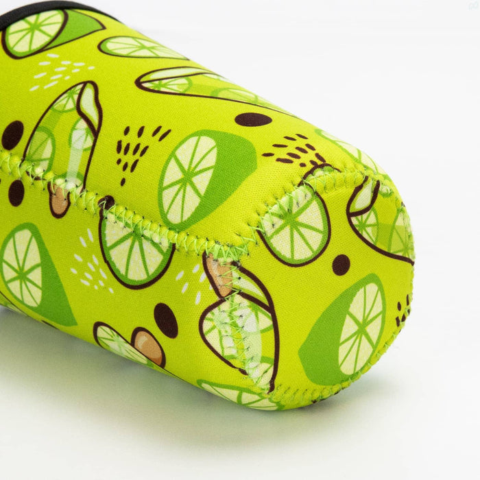 Neoprene Cup Sleeve - Medium - A drink bottle sleeve in vibrant green with a lime pattern, featuring a logo. Suitable for medium-sized bottles.