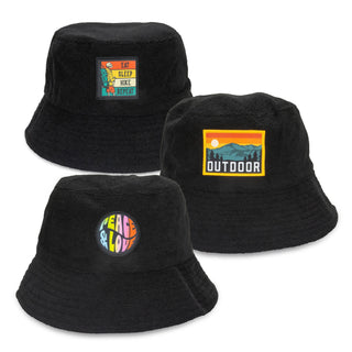 Terry Towelling Bucket Hat with Full Colour Patch - A black terry towelling bucket hat featuring three different full colour patches and a logo.