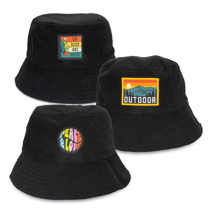 Terry Towelling Bucket Hat with Full Colour Patch - A black terry towelling bucket hat featuring three different full colour patches and a logo.