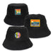 Terry Towelling Bucket Hat with Full Colour Patch - A black terry towelling bucket hat featuring three different full colour patches and a logo.