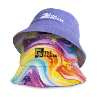 Custom Reversible Twill/Terry Bucket Hat - A custom reversible bucket hat featuring a purple terry side and a multicoloured swirling pattern on the twill side.