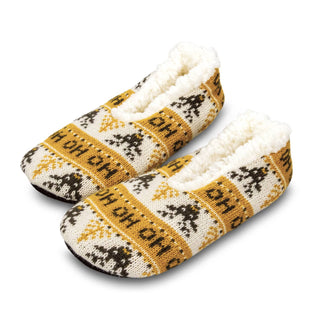 Custom Knitted Slippers - A pair of custom knitted slippers in cream, brown, and mustard yellow with a festive pattern.