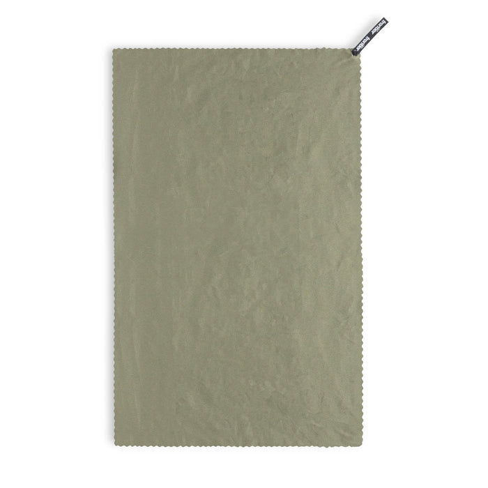 Frontier Rapid Dry Towel - A lightweight, olive green cooling towel with a textured surface and a branded tag at the top.