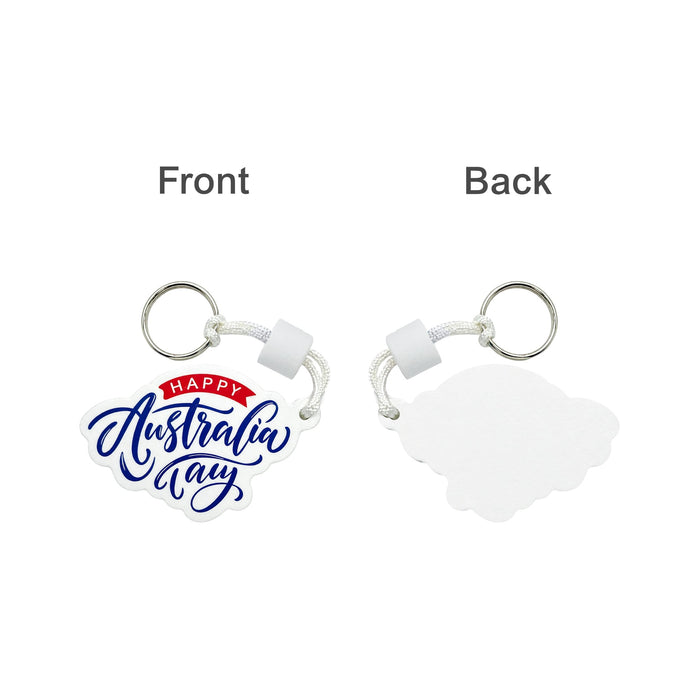 Full Colour Custom EVA Floating Keychain - A white floating keychain featuring a colourful "Happy Australia Day" design on one side and a plain back.