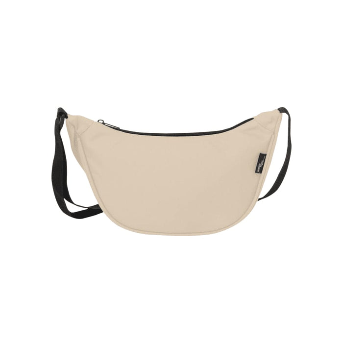 Byron Recycled Waist Bag 1.5L - A beige waist bag featuring a black zipper and strap, designed with a simple, curved shape. It has a logo on it.
