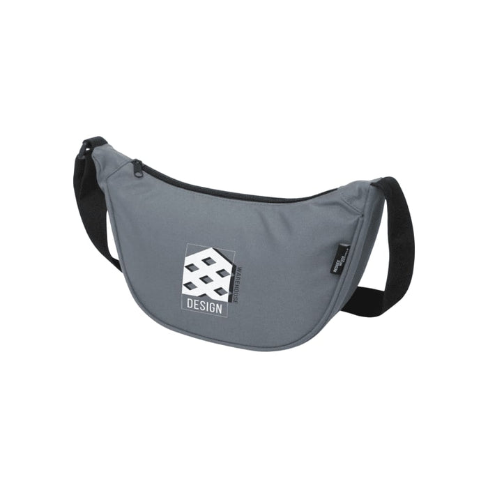 Byron Recycled Waist Bag 1.5L - A grey waist bag with a curved design, featuring a logo and an adjustable strap.