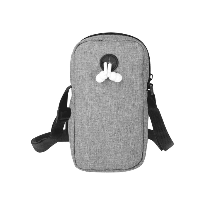 Ross GRS Recycled Phone Pouch - A grey recycled phone pouch with a zip closure and a strap. It features a loop for earphones.