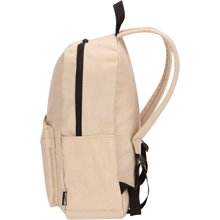 Byron 14" GRS Recycled City Laptop Backpack 16L - A beige laptop backpack with a zip closure and side pockets, featuring adjustable straps and a logo.