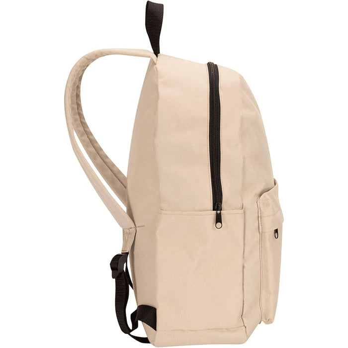 Byron 14" GRS Recycled City Laptop Backpack 16L - A beige laptop backpack with adjustable straps, a main zip compartment, and a front pocket. It features a logo.