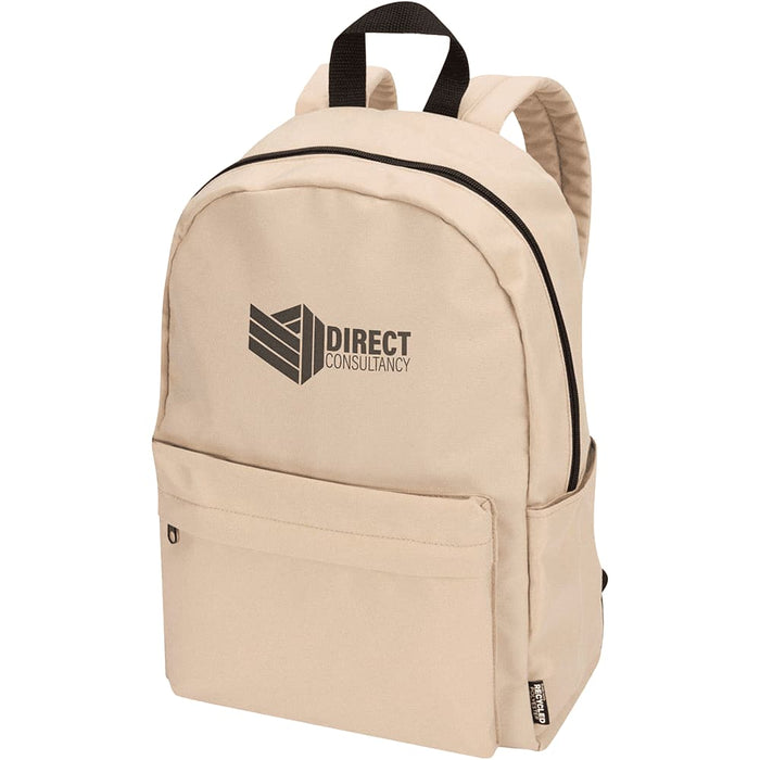 Byron 14" GRS Recycled City Laptop Backpack 16L - A beige laptop backpack with a front pocket and a logo, featuring padded shoulder straps and a zip closure.