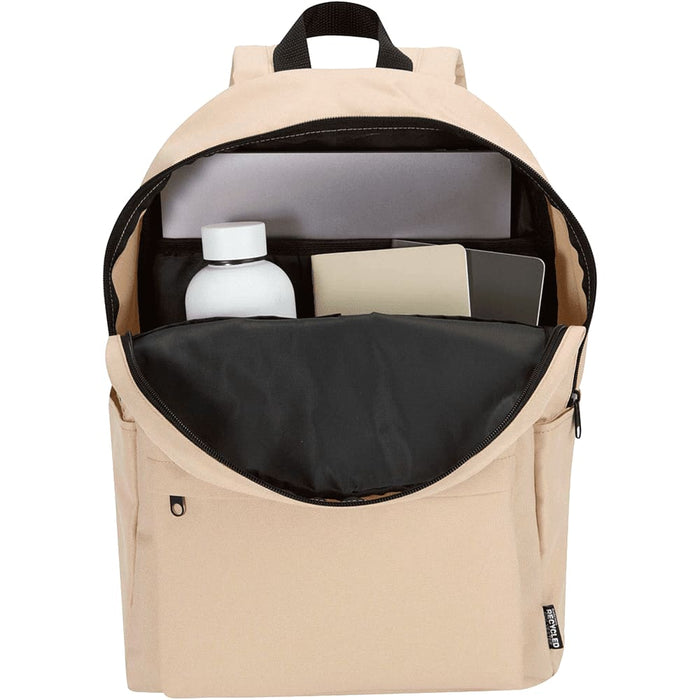 Byron 14" GRS Recycled City Laptop Backpack 16L - A beige laptop backpack with a black interior, featuring a drink bottle, notepad, and laptop compartment.