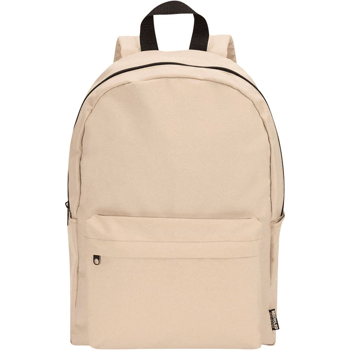 Byron 14" GRS Recycled City Laptop Backpack 16L - A beige laptop backpack with a front pocket, black zipper, and dual shoulder straps. It features a logo on the side.