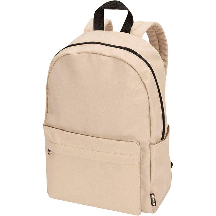 Byron 14" GRS Recycled City Laptop Backpack 16L - A beige laptop backpack with a front pocket, adjustable straps, and a logo on the side.