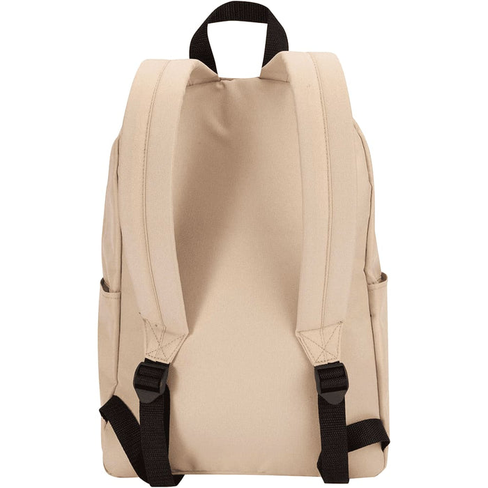 Byron 14" GRS Recycled City Laptop Backpack 16L - A beige laptop backpack with black straps and side pockets, featuring a simple design and a logo.