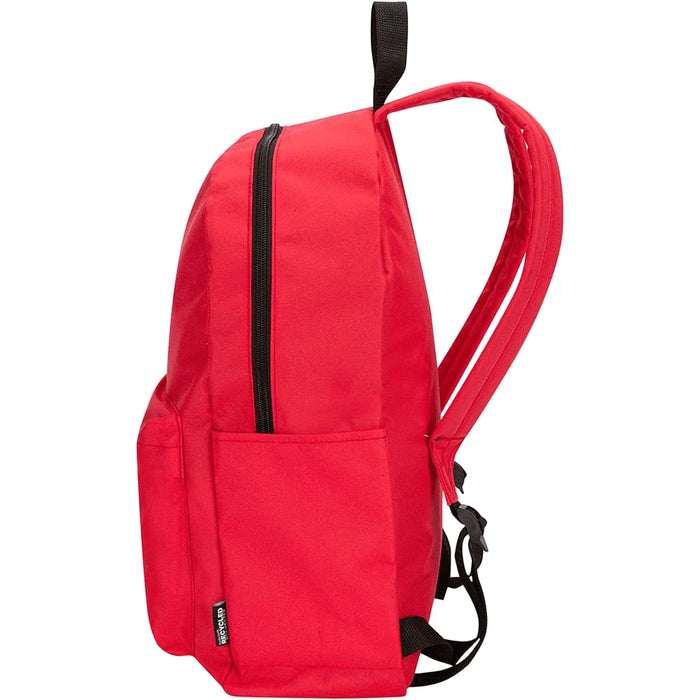 Byron 14" GRS Recycled City Laptop Backpack 16L - A red laptop backpack with a zippered main compartment and adjustable straps, featuring side pockets and a logo.