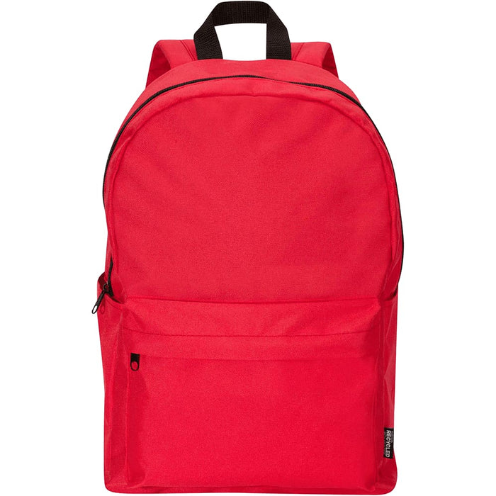 Byron 14" GRS Recycled City Laptop Backpack 16L - A red laptop backpack with a front pocket and black straps. It has a simple design and a logo on it.