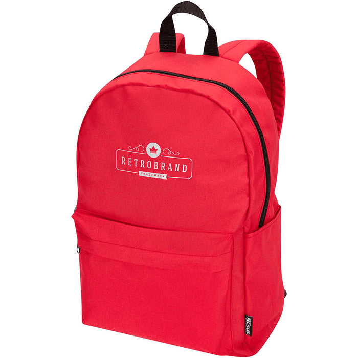 Byron 14" GRS Recycled City Laptop Backpack 16L - A red laptop backpack with a front pocket and a logo, featuring adjustable shoulder straps.