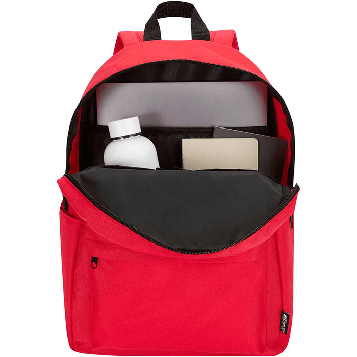 Byron 14" GRS Recycled City Laptop Backpack 16L - A red laptop backpack with a black interior, featuring a drink bottle, notebook, and a laptop compartment.