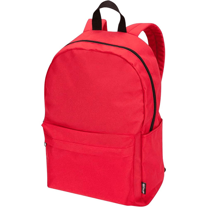 Byron 14" GRS Recycled City Laptop Backpack 16L - A red laptop backpack with a front pocket and black straps. It has a simple design and branding visible.