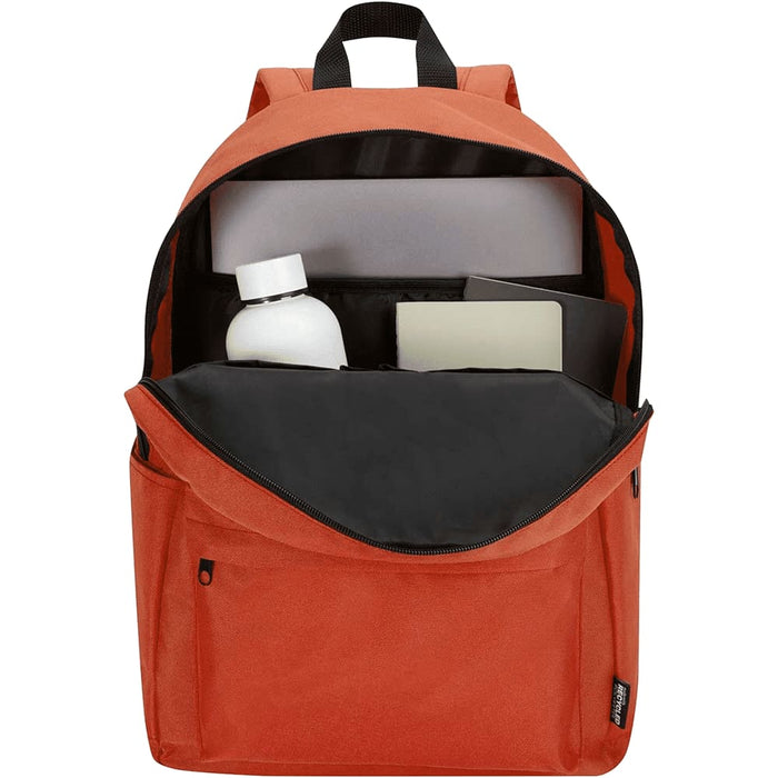 Byron 14" GRS Recycled City Laptop Backpack 16L - An orange laptop backpack with a spacious interior, containing a drink bottle, laptop sleeve, and notebook.