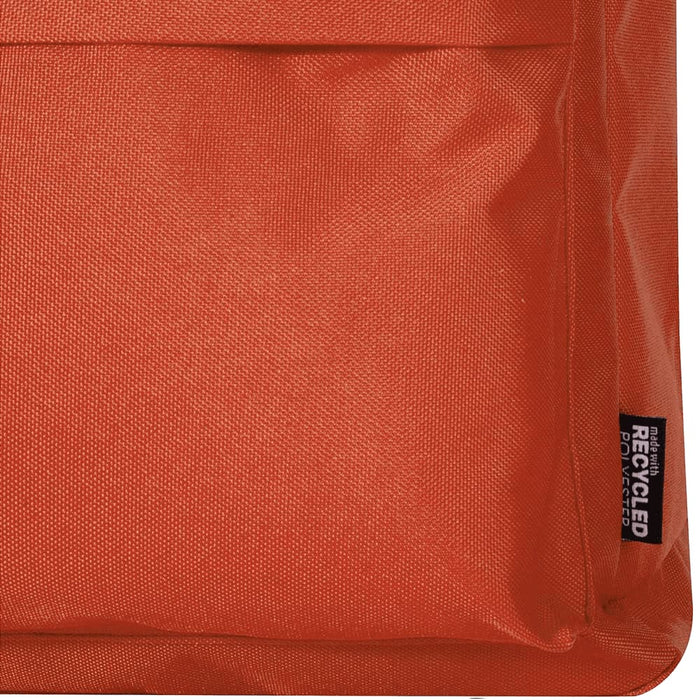Byron 14" GRS Recycled City Laptop Backpack 16L - An orange backpack featuring a textured fabric and a tag indicating recycled materials.