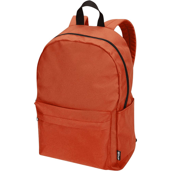 Byron 14" GRS Recycled City Laptop Backpack 16L - An orange laptop backpack with a front pocket and black zippers. It features padded shoulder straps and a logo.