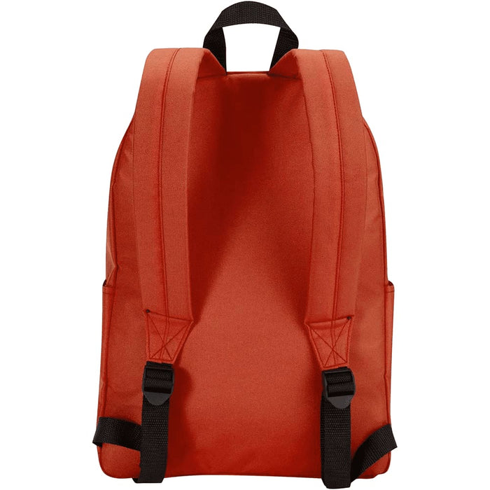 Byron 14" GRS Recycled City Laptop Backpack 16L - A red laptop backpack with adjustable straps, featuring side pockets and a branding logo.