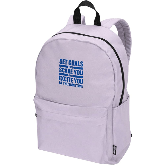 Byron 14" GRS Recycled City Laptop Backpack 16L - A lilac laptop backpack with adjustable straps and a front pocket, featuring a logo and text design.