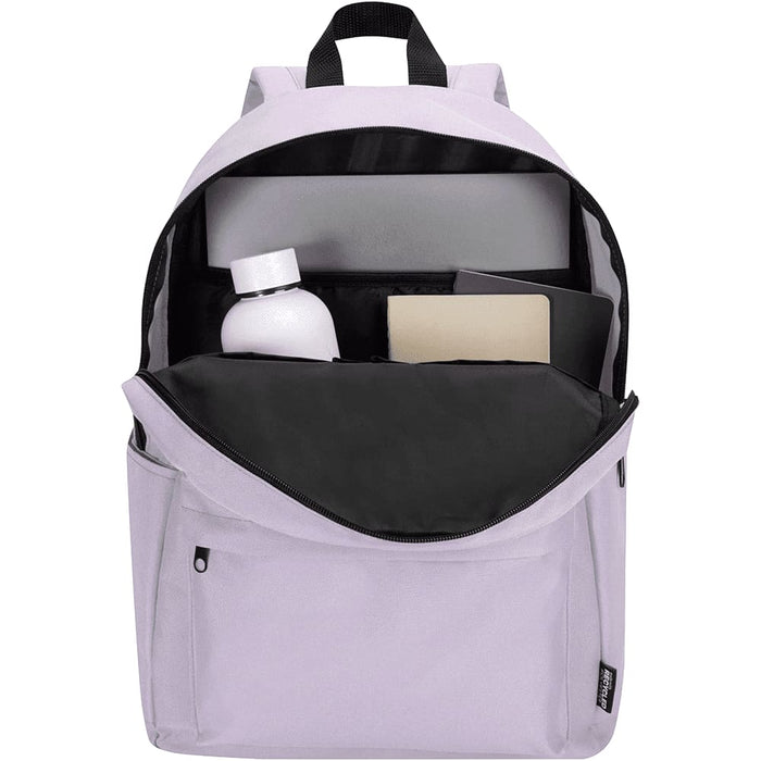 Byron 14" GRS Recycled City Laptop Backpack 16L - A light purple laptop backpack with a spacious interior, featuring a drink bottle and a notebook. Includes a logo detail.