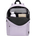Byron 14" GRS Recycled City Laptop Backpack 16L - A light purple laptop backpack with a spacious interior, featuring a drink bottle and a notebook. Includes a logo detail.