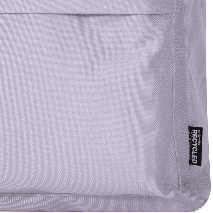 Byron 14" GRS Recycled City Laptop Backpack 16L - A grey recycled fabric backpack features a front pocket and a logo tag.