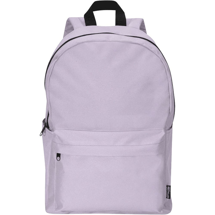 Byron 14" GRS Recycled City Laptop Backpack 16L - A light purple laptop backpack with a front pocket and black accents. It features two shoulder straps and a top handle.