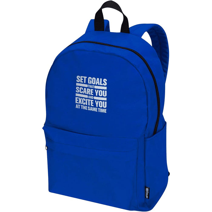 Byron 14" GRS Recycled City Laptop Backpack 16L - A blue laptop backpack with a logo and a front zip pocket for storage.