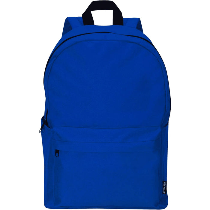 Byron 14" GRS Recycled City Laptop Backpack 16L - A blue laptop backpack with a front pocket and a logo, featuring adjustable shoulder straps and a top handle.