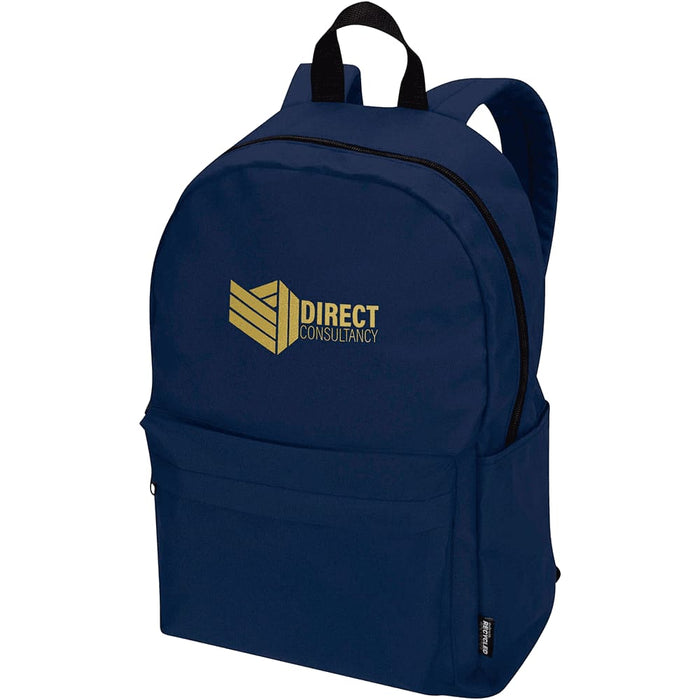 Byron 14" GRS Recycled City Laptop Backpack 16L - A navy blue laptop backpack with a logo, featuring a front zip pocket and adjustable straps.