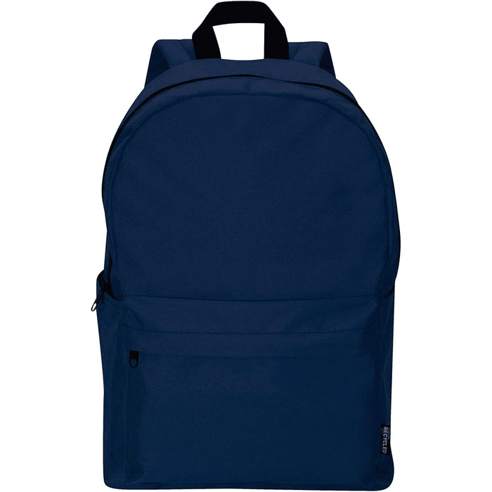 Byron 14" GRS Recycled City Laptop Backpack 16L - A navy blue laptop backpack with a front pocket and a logo, featuring adjustable shoulder straps.