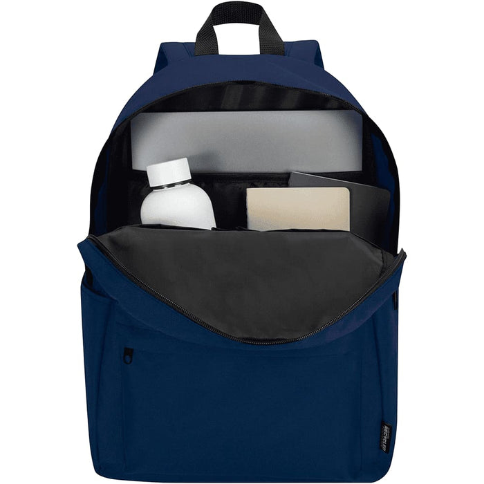 Byron 14" GRS Recycled City Laptop Backpack 16L - A navy blue laptop backpack with internal compartments for a drink bottle, notebook, and laptop. It features a logo.