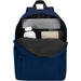 Byron 14" GRS Recycled City Laptop Backpack 16L - A navy blue laptop backpack with internal compartments for a drink bottle, notebook, and laptop. It features a logo.