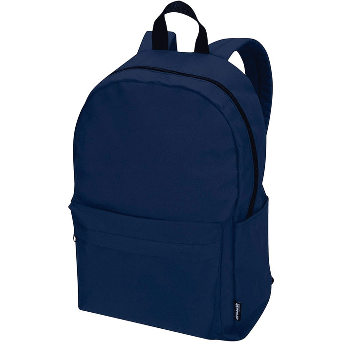 Byron 14" GRS Recycled City Laptop Backpack 16L - A navy blue laptop backpack with a front pocket and adjustable straps. It features a logo on the side.