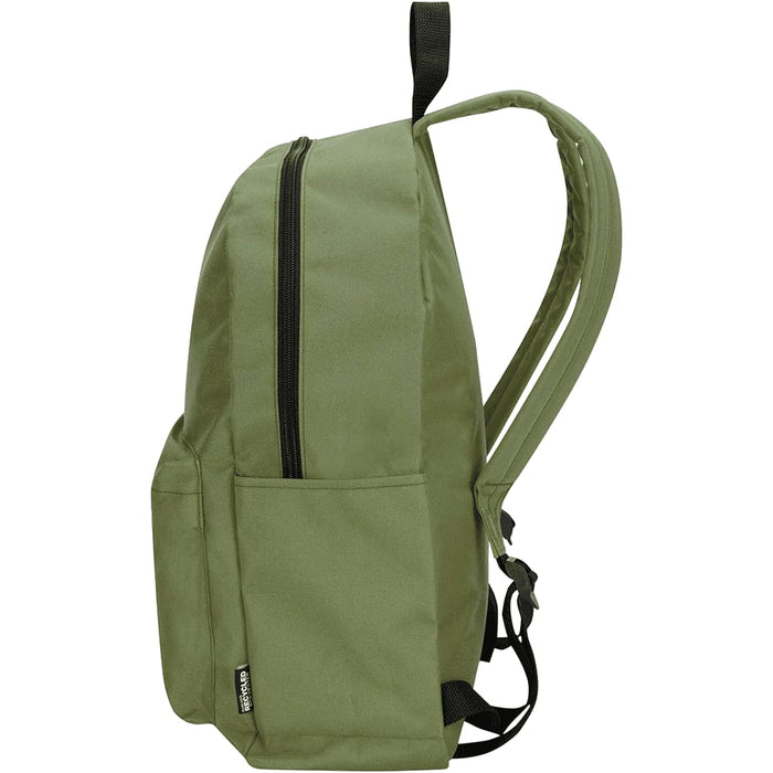 Byron 14" GRS Recycled City Laptop Backpack 16L - A green laptop backpack with a zipped compartment and adjustable straps, featuring side pockets and a logo.