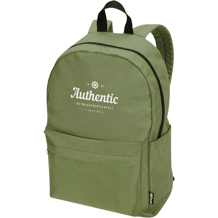 Byron 14" GRS Recycled City Laptop Backpack 16L - A green laptop backpack with padded straps and a front pocket, featuring a logo on the front.