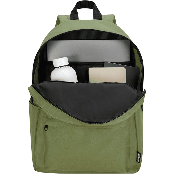 Byron 14" GRS Recycled City Laptop Backpack 16L - A green laptop backpack with a bottle, notebook, and laptop compartment visible inside. It features a logo.