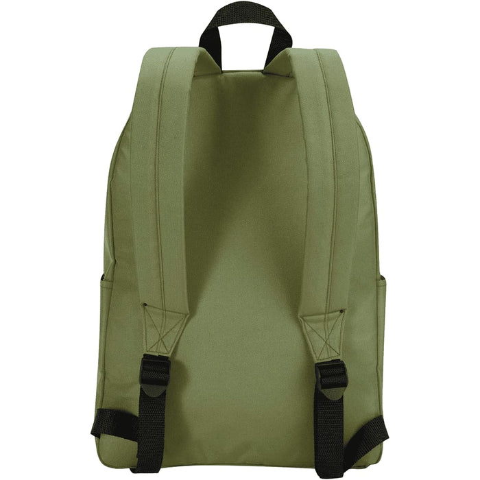 Byron 14" GRS Recycled City Laptop Backpack 16L - A green laptop backpack with two padded shoulder straps and side pockets. It features a simple design and a logo on the back.