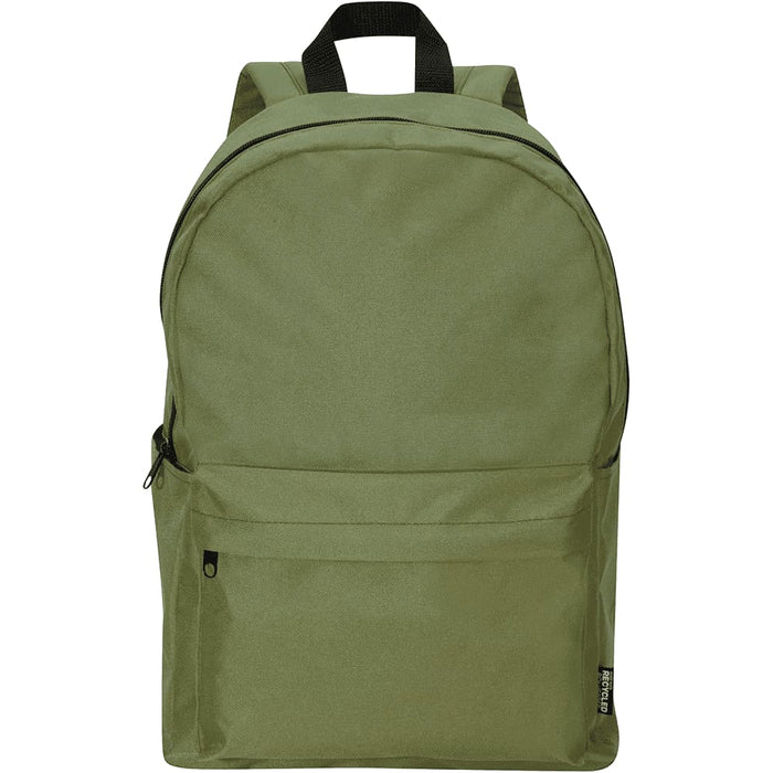 Byron 14" GRS Recycled City Laptop Backpack 16L - An olive green laptop backpack with a front pocket and a black strap, featuring a logo on the side.