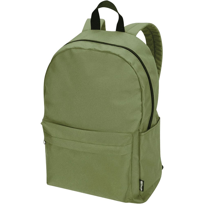 Byron 14" GRS Recycled City Laptop Backpack 16L - A green laptop backpack with a main compartment, front pocket, and black straps. It features a logo.
